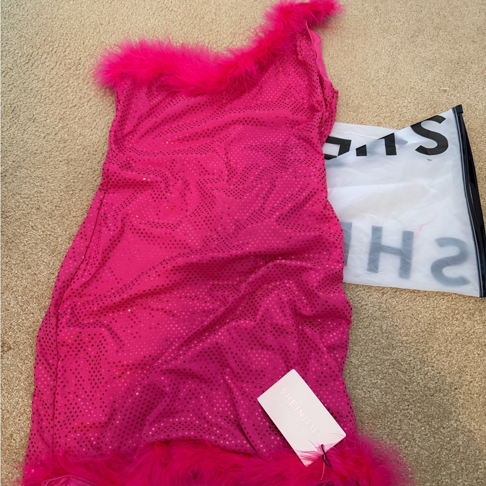 SHEIN Hot Pink Feather-Trimmed Chemise